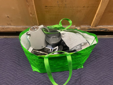 Bag with kitchen utensils, tea towels, toaster, bowls, cutlery etc (Green Bag for life)