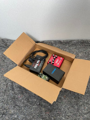 Cardboard Box of Guitar Pedals/Musical Stuff