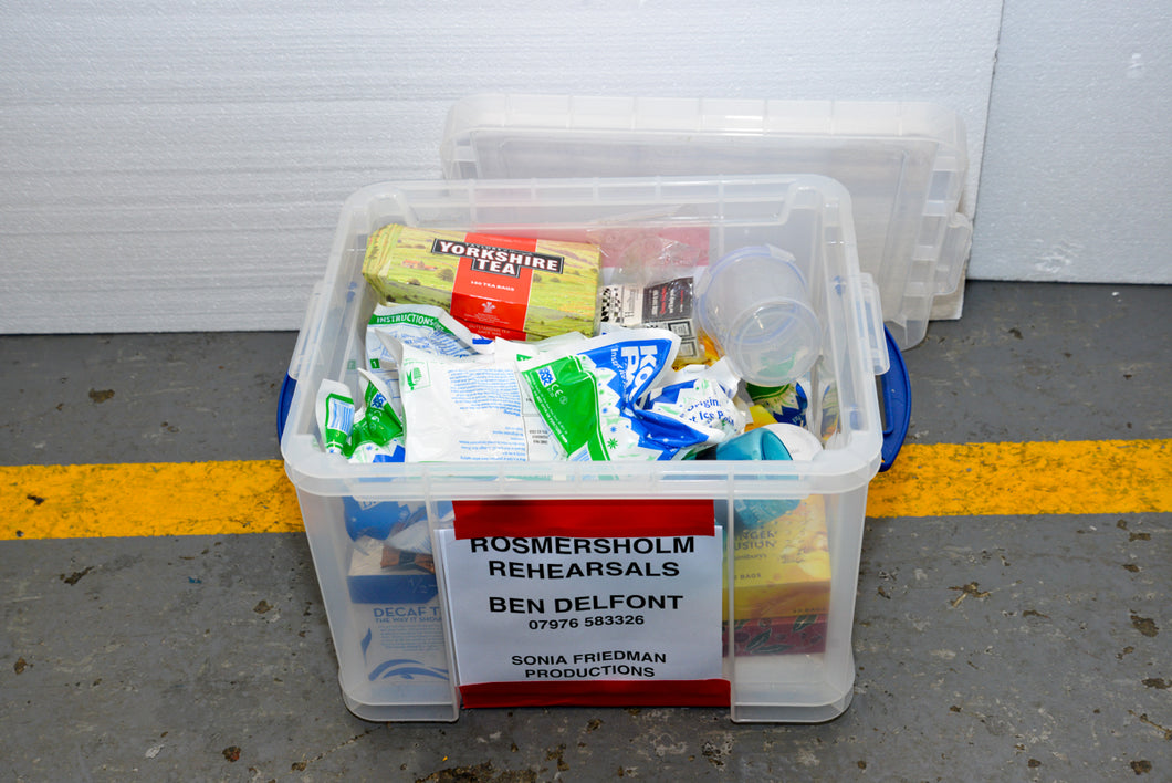 Box of Rehearsal Misc. (Tea, Ice Packs, Cigarettes, Tupperware etc)