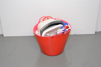 Cleaning Supplies in Red Bucket